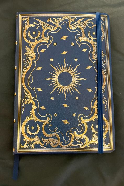 Beautiful celestial (Sun, planets, stars, etc.) gold foil journal with blue ribbon Planet Astrology, Celestial Journal, Book Rebinding, Press Ad, Book Cover Art Design, Books Business, Peter Pauper Press, Binding Covers, Moon Reading