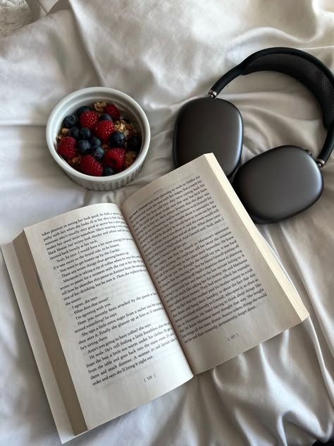 Headphones, Fruit, Bed, Books, White