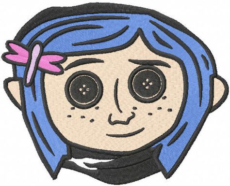 from Cartoon heroes collection. For girls shirt. Any formats available for instant download. #girl #cartoonanimation #dragonfly #pin #bluehair #Coraline #ButtonEyes #embroiderydesign Coraline Cartoon Drawing, Coraline Clipart, Button Eyes Drawing, Coraline With Button Eyes, Coraline Embroidery, Coraline Face, Coraline Doodles, Coraline Drawings, Coraline Cartoon