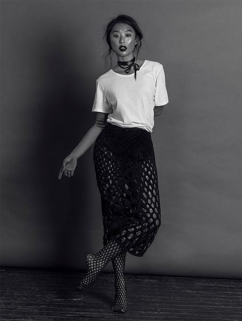 Fishnet Tights - Trend alert! Worn by Margaret Zhang layered under a fishnet skirt and paired with basic white t-shirt - teetharejade.com Fishnet Trend, Fishnet Skirt, Margaret Zhang, Ribbon Choker, Lace Pants, Fishnet Tights, Diy Shirt, Saturday Night, Who What Wear