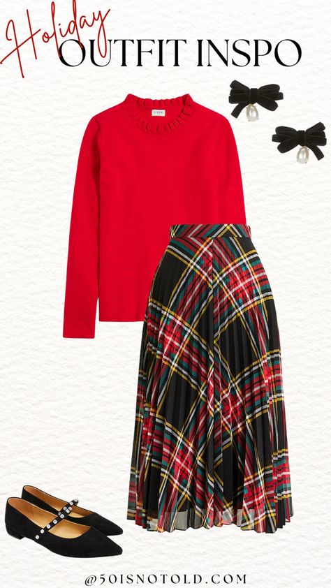 This plaid skirt is a great color combo for the holidays! You could style it so many different ways. To shop, click on the photo or click Read It! How To Style Plaid Skirt Outfit, Modest Christmas Outfit, Christmas Skirt Outfit, Leggings For Women Over 50, Plaid Christmas Outfit, Checked Skirt Outfit, Holiday Outfit Inspo, Tartan Plaid Christmas, Plaid Skirt Outfit