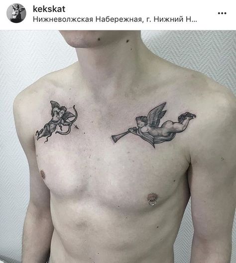 Tattoo Ideas For Guys, Mangas Tattoo, Cupid Tattoo, Tatuagem Masculina Pequena, Cherub Tattoo, Devil Tattoo, Cool Chest Tattoos, Angel Tattoo Designs, Collar Bone Tattoo