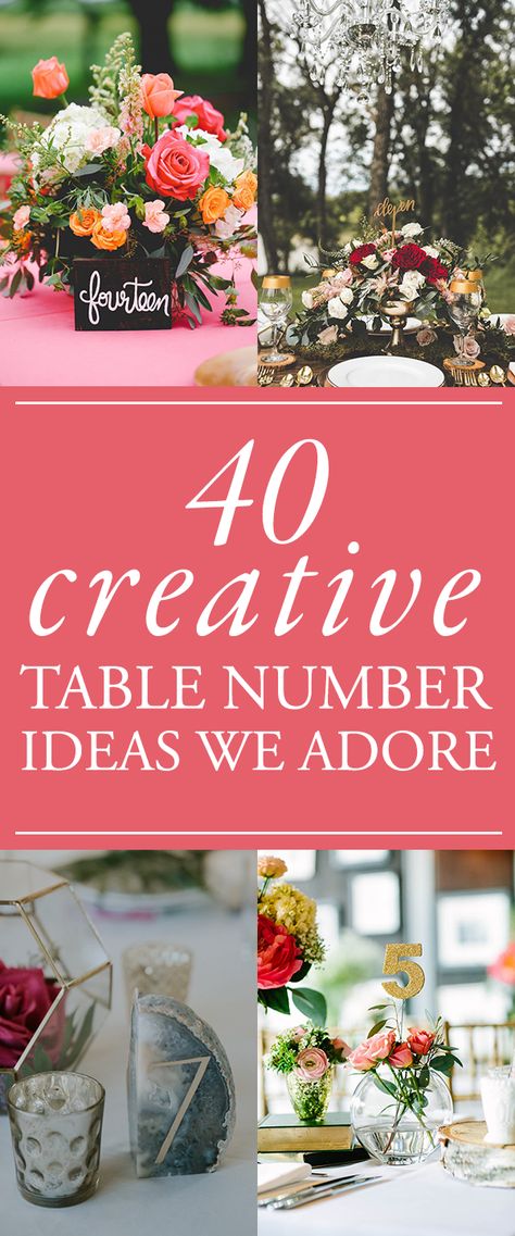 40 Reception Table Numbers We Absolutely Adore | Junebug Weddings Cute Wedding Table Number Ideas, Reception Table Number Ideas, Barn Wedding Table Numbers, Table Numbers For Wedding Reception, Unique Table Number Ideas, Wedding Reception Table Numbers, Table Themes Ideas, Table Number Ideas For Weddings, Spring Wedding Table Centerpieces