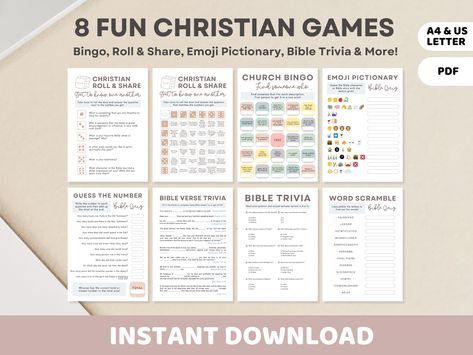 Christian Icebreaker Games Printable | Church Activities for Parties, Events, Youth Group, Womens Ministry | Bible Trivia, Bingo, Pictionary Fun Christian Games, Activities For Parties, Bible Emoji, Christian Games, Bible Trivia Games, Icebreaker Games, Bible Trivia, Fun Icebreakers, Emoji Pictionary