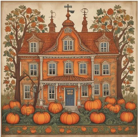 Embrace the magic of autumn with this enchanting pumpkin house canvas print, inspired by traditional folk art. This beautifully handcrafted artwork features a charming, ornate house surrounded by vibrant pumpkins and lush foliage, capturing the essence of the fall season. The warm, earthy tones and intricate details bring the scene to life, making it a perfect addition to your seasonal decor. >>Features<< Enchanting Elements: The artwork features a beautifully detailed house with intricate designs and a vibrant pumpkin patch, set against a backdrop of autumn foliage and blooming flowers, creating a joyful and inviting scene.      >Intricate Details: Every element, from the architectural details of the house to the blooming pumpkins and vibrant leaves, is meticulously crafted to create a ca Folk Art Pumpkin, Detailed House, Traditional Folk Art, House Canvas, Pumpkin House, Stylist Tattoos, Seasons Art, Art Populaire, Illustration Vintage