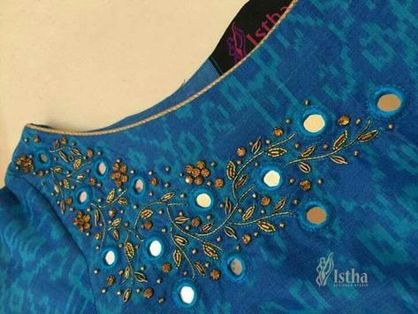 Work Dress Designs, Mirror Work Suit, Embroidery Dress Designs, Mirror Work Dress, Suit Neck Designs, Suit Neck, Mirror Work Blouse Design, Mirror Work Blouse, Mirror Embroidery