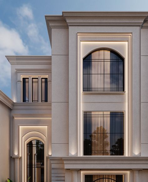 Villa MR Khaled Ghalb - Villa Design on Behance Small Facade Design, Neoclassical Windows, Modern Neo Classical Architecture, Modern Classic Building, Modern Classic House Exterior, Neoclassic Exterior, Architecture 2023, Classic Villa Exterior, New Classic Villa