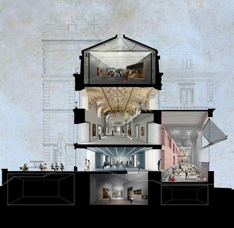 Sectional collage | OMA entry for Museo del Prado Extension Collage Architecture, Section Drawing, Architecture Panel, Architecture Collage, Top Architects, Architecture Graphics, Architectural Section, Structure Architecture, Architectural Drawing