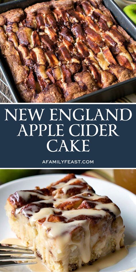 This New England Apple Cider Cake is very easy to make and very delicious – chock full of sliced Granny Smith apples in a simple, sweet cake that gets great flavor and moisture from cinnamon, heavy cream and apple cider! This cake also has a delicious, creamy apple cider glaze that gets drizzled over the top when served! #applecidercake #applecake Creamy Apple Cider, Apple Cider Cake, Cider Cake, Apple Cider Glaze, Healthy Cake Recipes, Healthy Cake, Fall Dessert, Fall Baking, Granny Smith