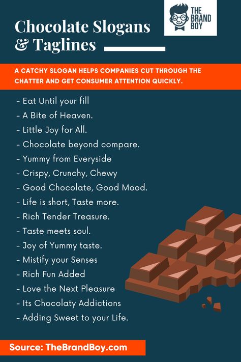 192  Good Chocolate Slogans Chocolate Slogans, Tagline Examples, Cake Captions, Chocolate Names, Chocolate Quotes, Baking Quotes, Cookies Branding, Cake Quotes, Chocolate Stores