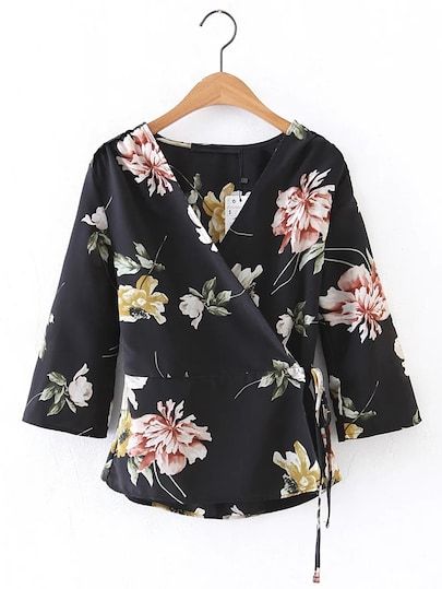 V Neckline Floral Print Tie Waist Wrap Top | SHEIN Blus Sifon, Casual Skirt Outfits, Printed Ties, Outfit Style, Ladies Dress Design, V Neckline, Wrap Top, Fall Shirts, Outfit Idea