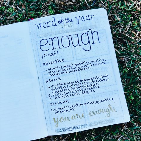 Bujo Word Of The Year Layout, Word Of The Year Journal Page, New Year Bujo Ideas, Bujo Fun Pages, Year Page Bujo, Word Of The Year Ideas 2024, Bujo Word Of The Year, Yearly Bullet Journal Ideas, Word Of The Year 2024