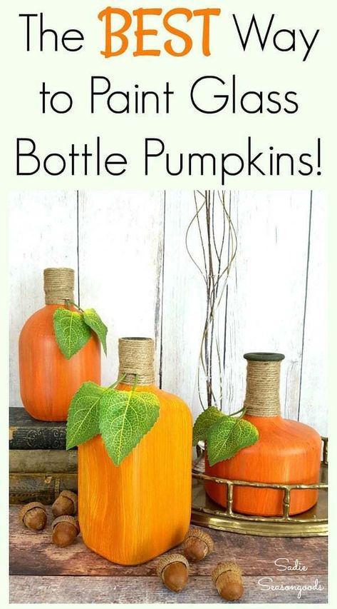 Learn how to paint your empty wine and liquor bottles to look JUST LIKE autumn pumpkins and gourds with this fun repurposing DIY tutorial from Sadie Seasongoods! Such a great way to upcycle your bottles into fall decor you can use year after year- and anyone can do it! Get all the craft details at www.sadieseasongoods.com #pumpkin #DIYpumpkin #bottlepumpkin #autumndecor #Falldecor #FallDIY #upcycledpumpkin Fall Wine Bottles, Glass Liquor Bottles, Pumpkins And Gourds, Autumn Diy, Painting Glass Jars, Liquor Bottle Crafts, Painted Glass Bottles, Fall Pumpkin Decor, Painted Bottles