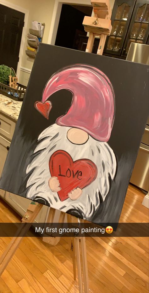 Valentines Day Painting, Gnome Painting, Gnome Paint, Diy Valentine's Day Decorations, Day Painting, Valentine Gnome, Diy Valentines Decorations, Canvas Painting Tutorials, Cute Canvas Paintings