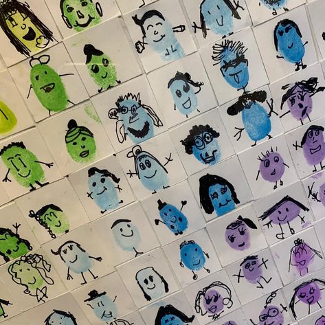 Emily Shane | One of my favorite all school collaborative art projects. This was made for a school fundraiser by TK-5th grade students stamping their… | Instagram School Collaborative Art, Thumbprint People, Feather Art Projects, Collaborative Art Projects For Kids, School Auction Art Projects, School Auction Projects, Class Auction Projects, Thumbprint Art, Group Art Projects