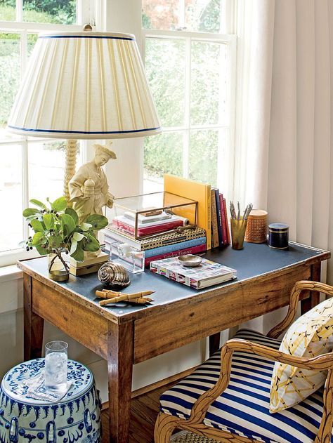 At the Desk Deep Desk, Pretty Desk, Pretty Desks, Small Workspace, Striped Chair, Desk Drawer, Small Space Organization, Glass Box, Chinoiserie Chic