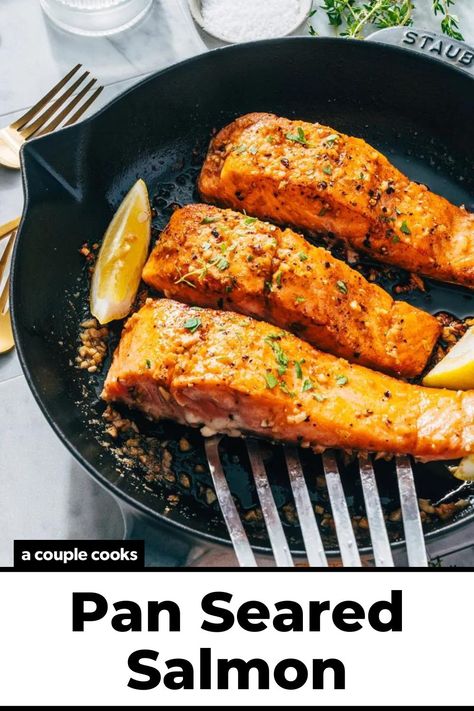 Here's how to make pan seared salmon at home! It's a favorite easy way to cook fish in a flash, and the flavor is unbeatable. #salmon #seared #searedsalmon #pansearedsalmon #salmonrecipe #healthysalmonrecipe Broiled Salmon Recipes, Seared Salmon Recipes, Salad Dressing Recipes Healthy, A Couple Cooks, Garlic Butter Salmon, Pan Fried Salmon, Butter Salmon, Healthy Salmon Recipes, Easy Salmon Recipes