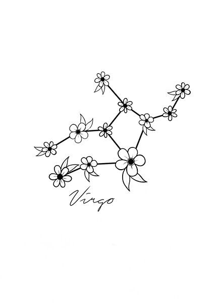 Virgo constellation with a wild flower twist. August Star Sign Tattoo, Virgo Flower Tattoo August, Cute Virgo Tattoos, August Tatoos, Small Tattoos Virgo, Earth Sign Tattoo Virgo, Virgo Tattoo Small, Astrology Tattoo Virgo, Virgo Star Sign Tattoo