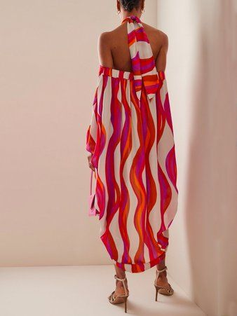 Vacation Loose Striped Halter Dress Chiffon Beach Dress, Baggy Dresses, Halter Neck Maxi Dress, Printed Halter Dress, Dress Sleeve Styles, Women Halter, Split Dress, Striped Maxi, Loose Outfit