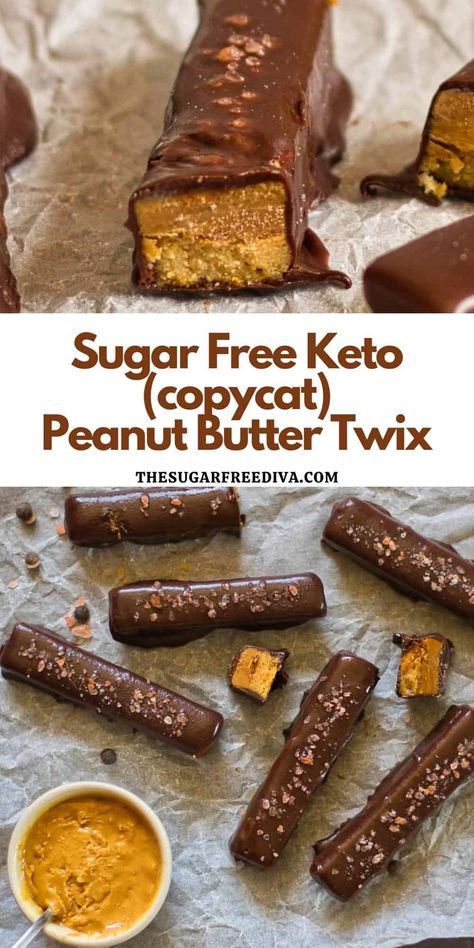 Sugar Free Peanut Butter Twix, a delicious copycat version of a peanut butter flavored candy bar. No added sugar, keto. Peanut Butter Twix, Sugar Free Peanut Butter, Healthy Candy, Keto Peanut Butter, Sugar Free Sweets, Keto Candy, Sugar Free Cookies, Sugar Free Low Carb, Low Sugar Recipes