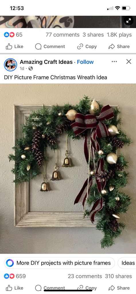 Frame With Wreath, Big Picture Frames, Christmas Frames Diy, Diy Christmas Pictures, Picture Frame Wreath, Photo Frame Crafts, Christmas Picture Frames, Picture Frame Crafts, Picture Frame Decor