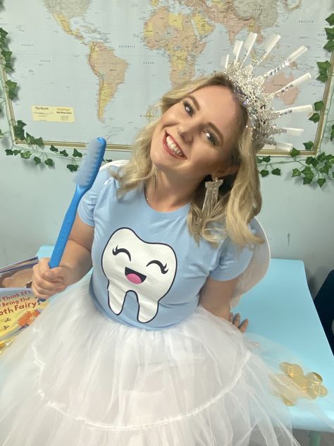 Tooth Fairy Diy Costume, Tooth Costume Diy, Tooth Fairy Makeup Ideas, Deviled Egg Halloween Costume, Teacher Fairy Costume, Diy Tooth Fairy Costume Women, Tooth Fairy Trunk Or Treat Ideas, Cute Teacher Halloween Costumes, Dental Halloween Costumes