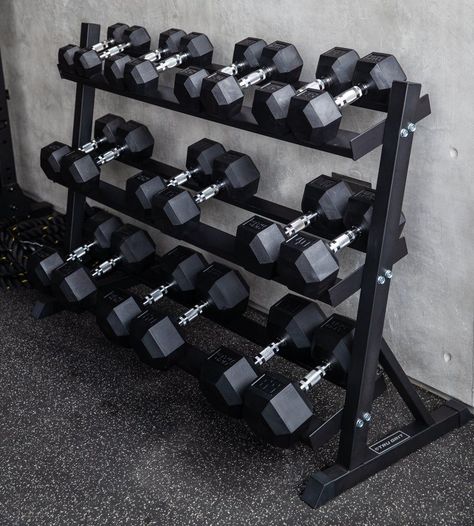 Weights At Gym, Home Gym Dumbbell Rack, Gym Workout Equipment, Rogue Gym Equipment, Gym Equipment Aesthetic, Gym Dumbell, Dumbell Rack, Fitness Corner, Gym Items