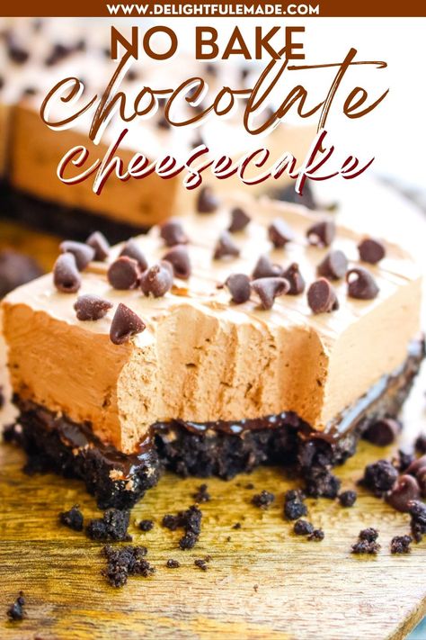 EASY No Bake Chocolate Cheesecake Recipe | Delightful E Made Cheesecake Bars No Bake, Chocolate Peanut Butter Cheesecake Bars, Peanut Butter Cheesecake Bars, Italian Desserts Easy, Chocolate Cheesecake Bars, Triple Chocolate Cheesecake, Oreo Cheesecake Recipes, No Bake Chocolate Cheesecake, Lemon Cheesecake Bars