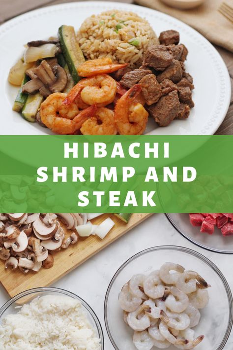 Hibachi Shrimp and Steak Black Stone Hibachi Steak, Hibachi Shrimp And Steak, Steak And Shrimp Habatchi, Hibachi Style Shrimp, Habatchi Shrimp Recipe, Hibachi Shrimp On Blackstone, Hibachi Recipes Shrimp, Steak Habatchi, Hibachi Recipes Steak