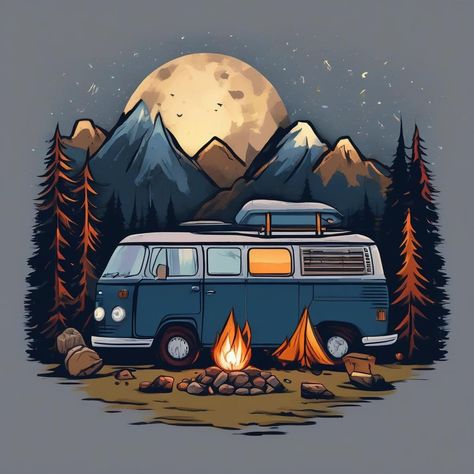 Camper Van T-shirt Vw Camper Van Drawing, Camping Drawing Ideas, Campervan Drawing, Camper Van Drawing, Camper Mural, Campervan Illustration, Camper Van Illustration, Uttarakhand Culture, Camper Wallpaper