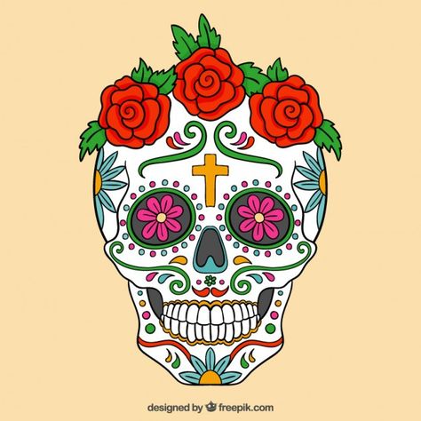 Calavera de azúcar colorida con rosas Vector Gratis Rosas Vector, Stained Glass Tattoo, Skull With Roses, Stained Glass Patterns Free, Day Of The Dead Art, Tapestry Bedding, Flower Tapestry, Day Of The Dead Skull, Mexican Skulls