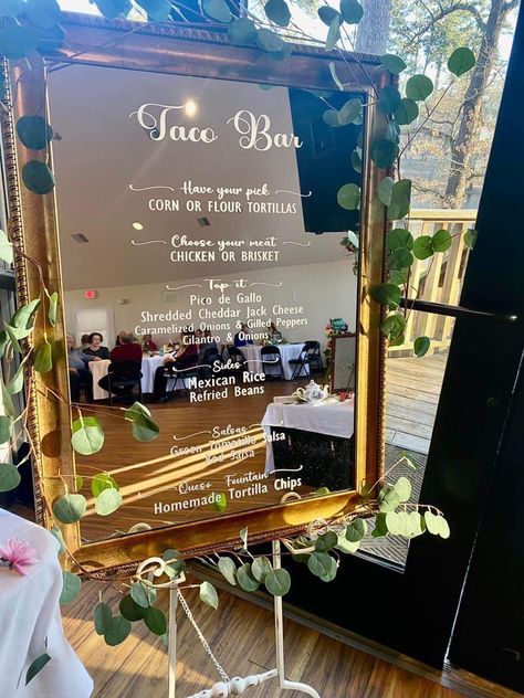 Taco Bar Sign Ideas, Wedding Menu Taco Bar, Taco Bar Wedding Sign, Tacos Wedding Reception, Taco Bar Buffet Set Up Wedding, Wedding Taco Bar Setup Ideas, Wedding Reception Taco Bar, Taco Bar For Wedding, Taco Bar Menu