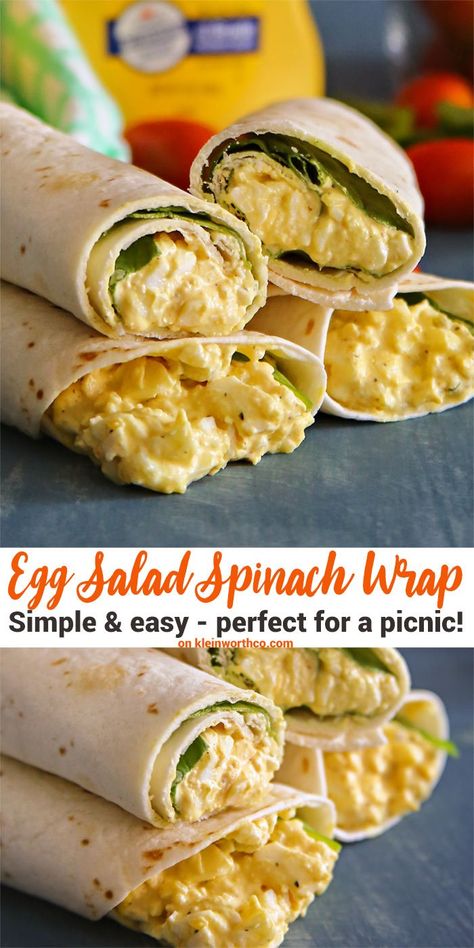 Egg Salad Spinach Wraps are simple to make & take along on a picnic. Everything you love about an egg salad sandwich, in an easy to-go wrap for lunch. Cheap Wraps For Lunch, Cheap Lunches For Work, Cheap Lunch Ideas For Work, Spinach Wrap, Picnic Salad, Salad Spinach, Salad Simple, Easy Egg Salad, Spinach Wraps