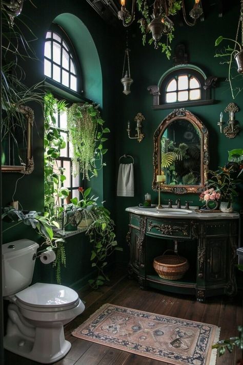 21 Gothic Bathroom Interior Concepts To Fuel Your Dreams! - My Decor Inspo Cottagecore Bedrooms, Modern Gothic Home, Gothic Bathroom Ideas, Drømme Bad, Gothic Interior Design, Serene Spaces, Dark Green Bathrooms, Gothic Bathroom, Gothic Interior