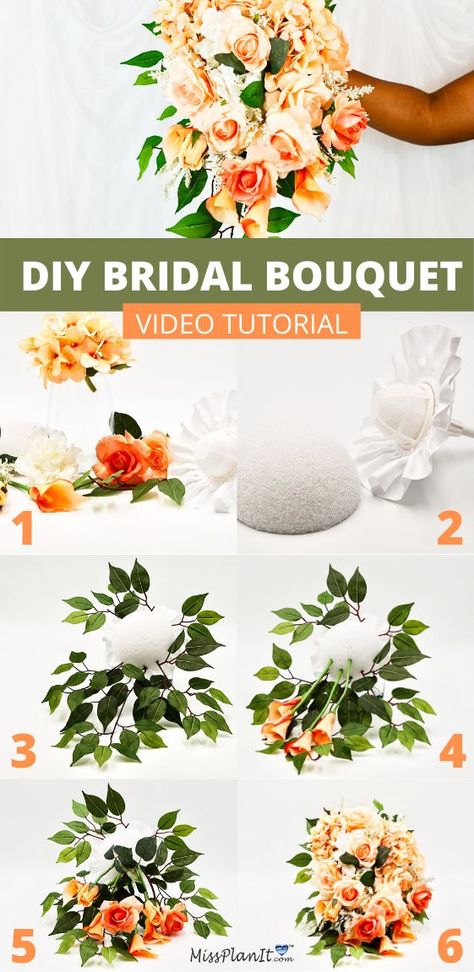 Peach Flowers Wedding, Diy Wedding Bouquet Tutorial, Diy Wedding Bouquet Fake Flowers, Wedding Bouquet Fake Flowers, Homemade Bouquet, Dream Wedding Bouquet, Cascading Bridal Bouquets, Peach Wedding Flowers, Bouquet Tutorial