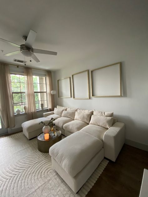 Beige Couch White Pillows, Beige L Couch Living Room Ideas, Ivory And Beige Living Room, Apartment Couch Aesthetic, Beige Couch And Rug, Area Rug With Beige Couch, Beige Couch Rug, Beige Couch With Rug, Living Room Rug Beige Couch