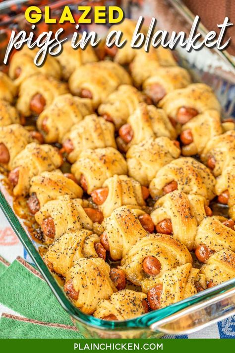 Glazed Pigs in a Blanket - pigs in a blanket baked in a sweet and savory brown sugar glaze. Took these to a party and they were gone in minutes!!! Crescent rolls, dijon mustard, little smokies, brown sugar, butter, poppy seeds and Worcestershire sauce. I have zero self-control around these things! Dangerously delicious!! A MUST for all your tailgates and parties! #tailgating #Pigsinablanket #partyfood #appetizer Small Hotdogs In Crockpot, Smoked Sausage With Apricot Preserves, Snack Sandwiches Appetizers, Wiener Wraps Crescent Rolls, Glazed Pigs In A Blanket, Tailgating Snacks, Superbowl Party Appetizers, Pigs In A Blanket Recipe, Football Friday