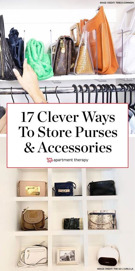 Here are 17 clever ways to store your purses and accessories inside your closet. #closet #closetorganization #purse #pursestorage #storageideas #storagetips #shelves #closetideas #organizingideas Closet Floor Organization, Closet Bag Storage, Purse Storage Ideas, Organizing Purses In Closet, Purse Rack, Store Purses, Purse Display, Handbag Display, Small Closet Space