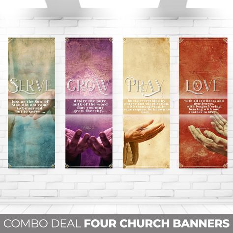 Set of 4 Church Banners - Serve - Matthew 20 - Grow - 1 Peter 2 - Love - Ephesians 4 - Pray - Philippians 4 SIZE 2'x5' (24"x60")  PROCESS  This order does not include customisation, it will be printed and shipped to you as advertised in the size you selected. Production takes 1-2 business days. Orders placed right before the weekend or during the weekend, will be processed the next business day. Banners will be received 3-5 business days after they are shipped. We will send you a notification on Church Stage Decor, Church Banners Designs, Church Banner, Church Marketing, Church Interior Design, Banner Decor, Ephesians 4, Church Stage, Church Interior