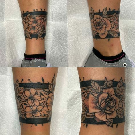 Tattoo Cover Up Ideas For Ankle, Tattoo Bands Women Leg, Around The Ankle Tattoo Wraps, Ankle Wrap Tattoo Cover Up, Womens Ankle Tattoos Cover Up, Calf Band Tattoos For Women, Cuff Tattoo Ankle, Ankle Cuff Tattoo For Women, Band Tattoo With Flowers