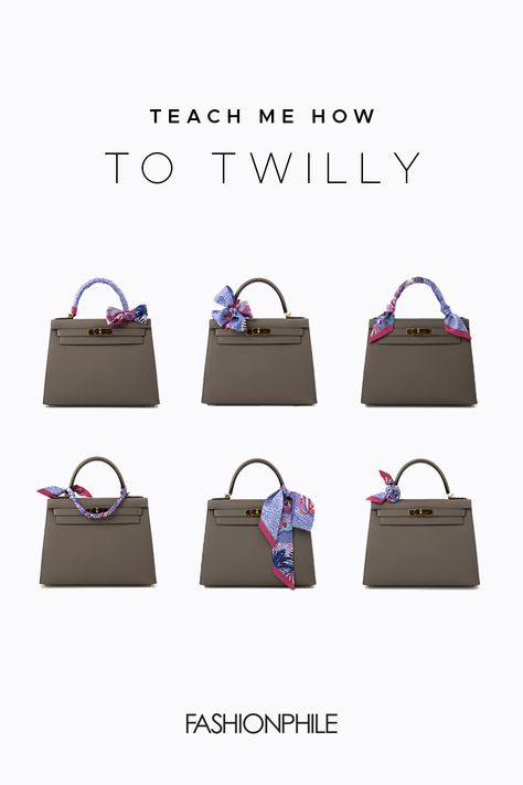 The most popular ways to tie your Twilly. Hermes Scarf On Bag, Twilly On Handbag, Scarves On Bags, Twilly Scarf Ideas, Hermes Twilly On Bag, How To Tie Twilly Scarf On Bag, Silk Scarf On Bag, Purse Scarf How To Tie A, Twilly On Bag