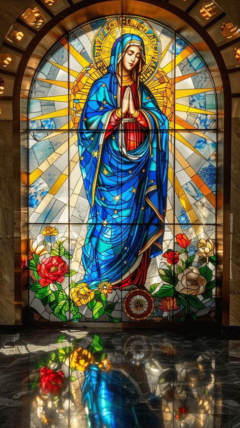 Stained glass of the Blessed Virgin Mother Mary Stained Glass Window, Virgin Mary Stained Glass Window, Stained Glass Mary, Nativity Of Blessed Virgin Mary, Nativity Of Mary, Virgin Mary Picture, Virgin Mary Painting, Mary Virgin, Catholic Artwork