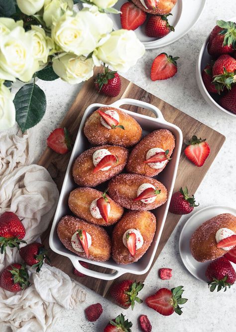 Strawberry Cheesecake Brioche Doughnuts by nourishedendeavors | Quick & Easy Recipe | The Feedfeed Strawberry Cheesecake Filling, Brioche Doughnuts, Donut Truck, Tart Strawberry, Brioche Donuts, Strawberry Sugar, Sweet Whipped Cream, Food Mood, Cheesecake Filling