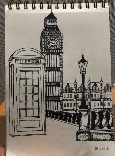 London Art Drawing, Big Ben Drawing, Sketching Easy, Black Pen Drawing, Sketch London, London Drawing, London Painting, Gcse Art Sketchbook, City Sketch