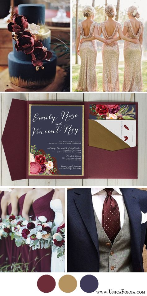 Marsala And Gold Wedding, Wedding Cakes Maroon, Burgundy Wedding Cake, Wedding Color Palettes, Wedding Navy, Maroon Wedding, Gold Bridesmaid Dresses, Wedding Themes Fall, Navy Wedding