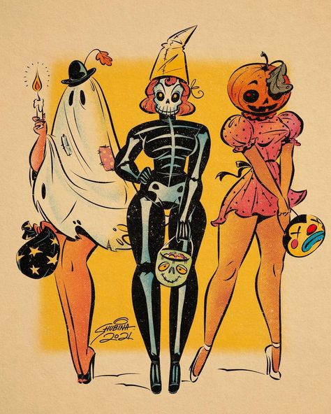 Sveta Shubina, Halloween Pin Up, Vintage Halloween Art, Halloween Retro, Theme Tattoo, Halloween Pins, Halloween Geist, Halloween Illustration, Halloween Drawings