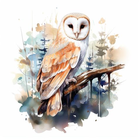 Owl Watercolor Paintings, Watercolour Owl, Watercolour Clipart, Woodland Owl, Barn Owls, Owl Watercolor, Coloured Background, Jpeg Images, Bird Artwork