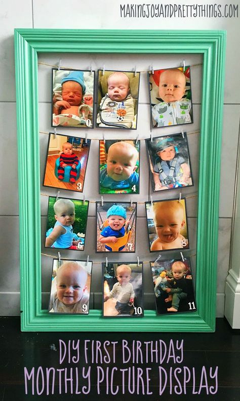 DIY Month by Month picture display. Perfect for 1st birthday parties. Easy DIY craft for birthday party decor! Diy Birthday Crafts, Frog Birthday, Monthly Baby Pictures, Monthly Pictures, Mickey Safari, Monthly Baby, Birthday Party Crafts, Decoration Photo, Baby 1st Birthday