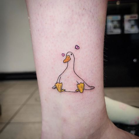 Matching Duck Tattoos For Best Friends, Cute Duck Tattoo Ideas, Girly Patchwork Tattoo Sleeve, Duck Duck Goose Tattoo, Duck With Sunglasses Tattoo, Silly Goose Tattoo Small, Matching Goose Tattoos, Cartoon Duck Tattoo, Mama Duck And Ducklings Tattoo