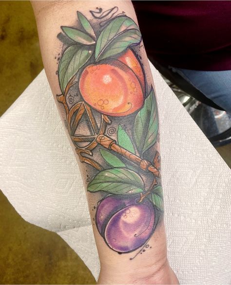 Peaches And Plums Tattoo, Peaches And Plums Magicians Tattoo, Peach And Plum Tattoo, Fillory The Magicians Tattoo, The Magicians Tattoo, Magicians Tattoo, Plum Tattoo, Peaches And Plums, Anniversary Tattoo